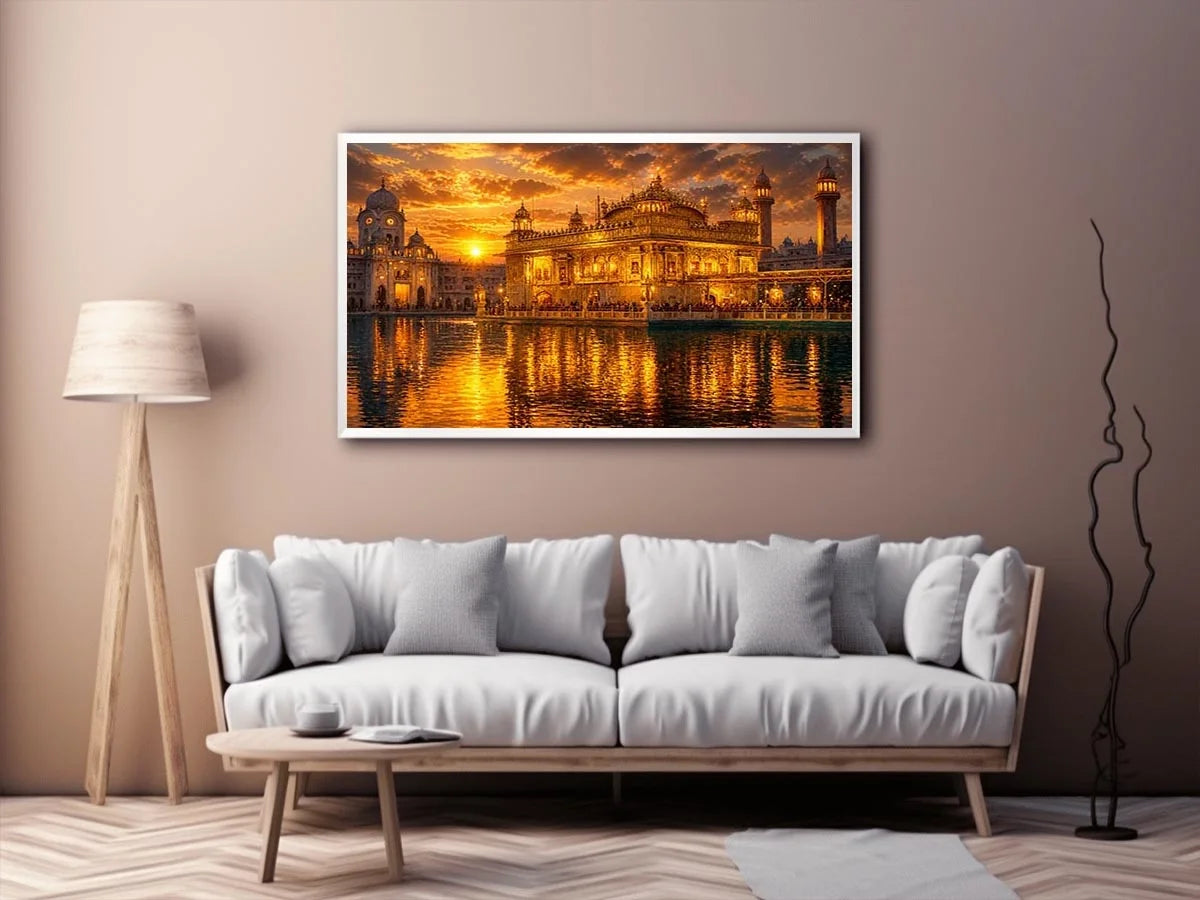 Golden Temple wall art featuring illuminated sacred Sikh architecture, glowing sunset sky, reflective water, and luxurious spiritual landscape photography for elegant interiors