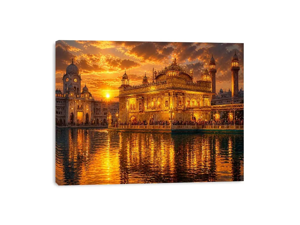 Golden Temple wall art featuring illuminated sacred Sikh architecture, glowing sunset sky, reflective water, and luxurious spiritual landscape photography for elegant interiors