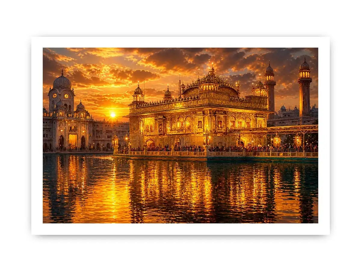 Golden Temple wall art featuring illuminated sacred Sikh architecture, glowing sunset sky, reflective water, and luxurious spiritual landscape photography for elegant interiors