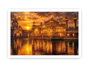 Golden Temple wall art featuring illuminated sacred Sikh architecture, glowing sunset sky, reflective water, and luxurious spiritual landscape photography for elegant interiors