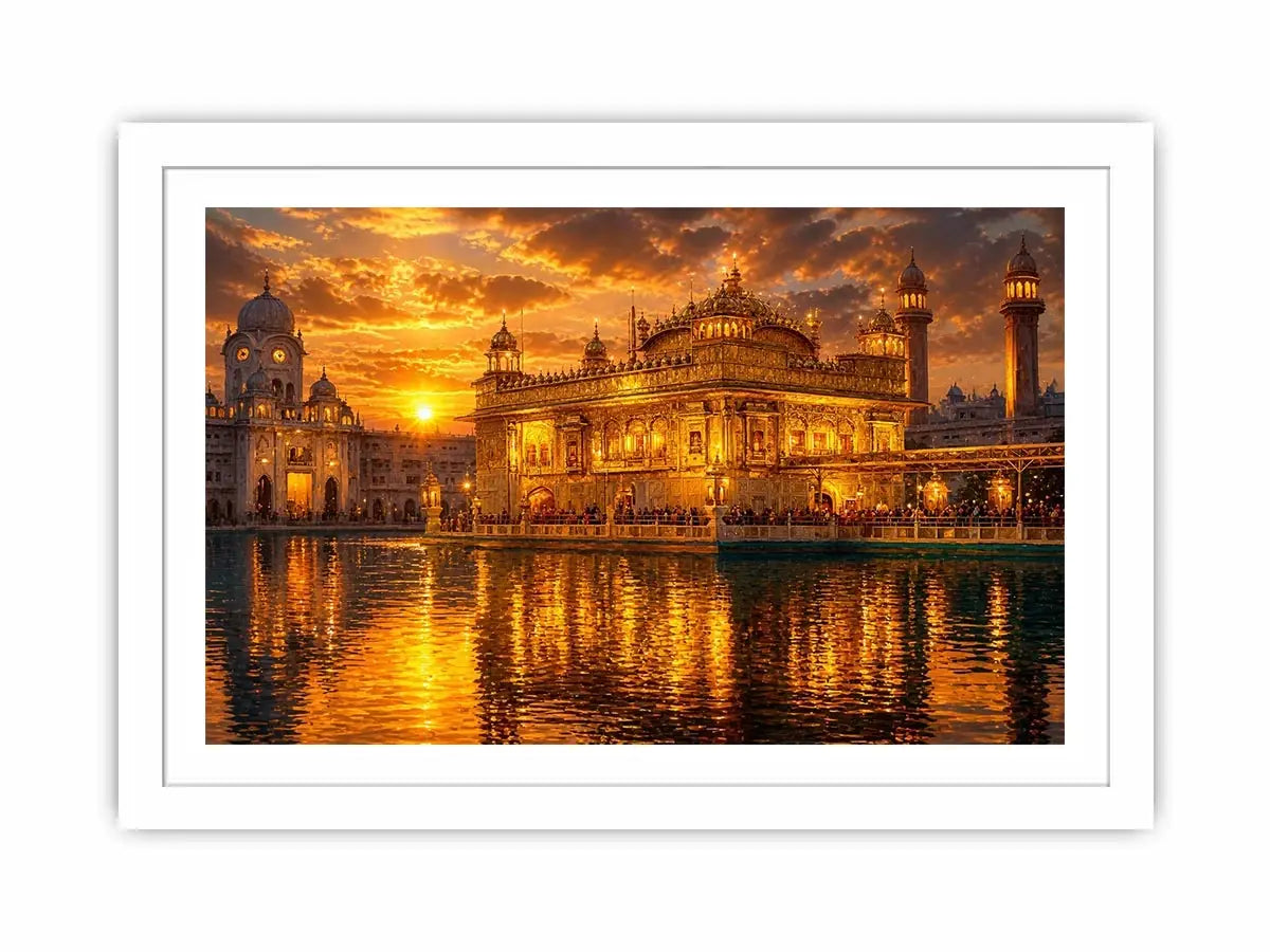 Golden Temple wall art featuring illuminated sacred Sikh architecture, glowing sunset sky, reflective water, and luxurious spiritual landscape photography for elegant interiors
