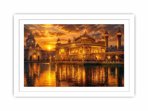 Golden Temple wall art featuring illuminated sacred Sikh architecture, glowing sunset sky, reflective water, and luxurious spiritual landscape photography for elegant interiors