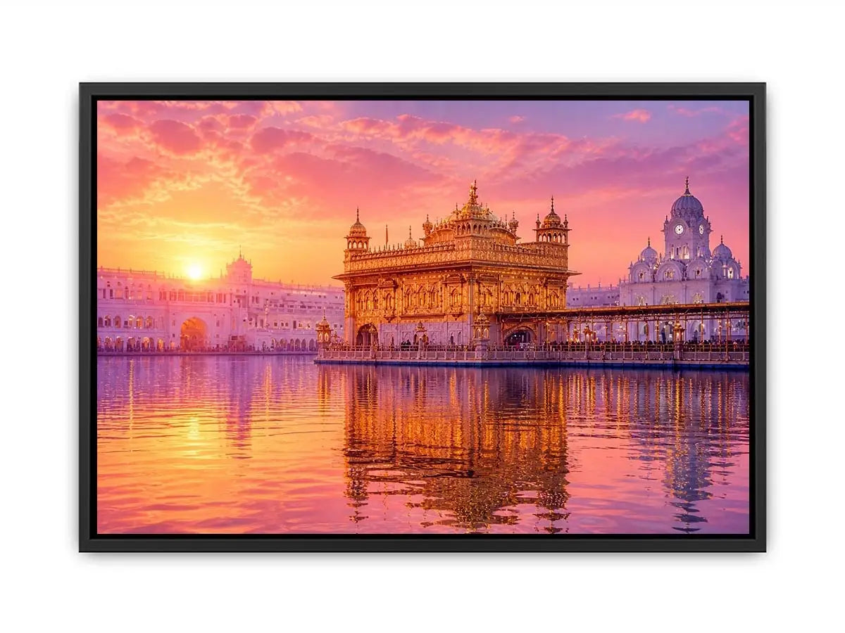 Golden Temple sunrise wall art featuring glowing Sikh architecture, reflective water, pastel pink sky, and luxury spiritual landscape photography for elegant interiors