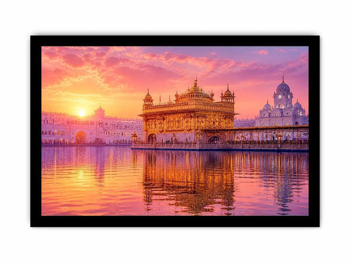 Golden Temple sunrise wall art featuring glowing Sikh architecture, reflective water, pastel pink sky, and luxury spiritual landscape photography for elegant interiors