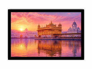 Golden Temple sunrise wall art featuring glowing Sikh architecture, reflective water, pastel pink sky, and luxury spiritual landscape photography for elegant interiors