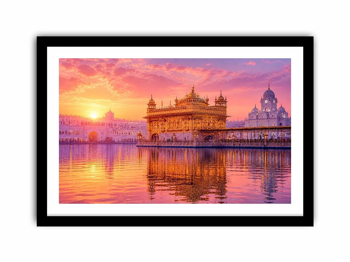 Golden Temple sunrise wall art featuring glowing Sikh architecture, reflective water, pastel pink sky, and luxury spiritual landscape photography for elegant interiors