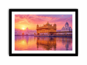 Golden Temple sunrise wall art featuring glowing Sikh architecture, reflective water, pastel pink sky, and luxury spiritual landscape photography for elegant interiors