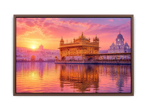Golden Temple sunrise wall art featuring glowing Sikh architecture, reflective water, pastel pink sky, and luxury spiritual landscape photography for elegant interiors