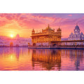 Golden Temple sunrise wall art featuring glowing Sikh architecture, reflective water, pastel pink sky, and luxury spiritual landscape photography for elegant interiors