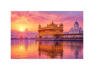 Golden Temple sunrise wall art featuring glowing Sikh architecture, reflective water, pastel pink sky, and luxury spiritual landscape photography for elegant interiors