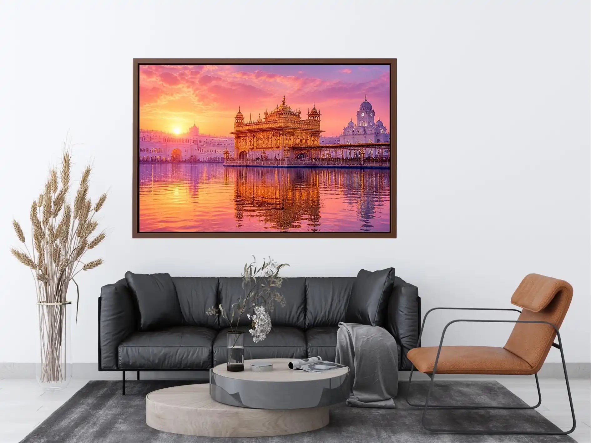 Golden Temple sunrise wall art featuring glowing Sikh architecture, reflective water, pastel pink sky, and luxury spiritual landscape photography for elegant interiors