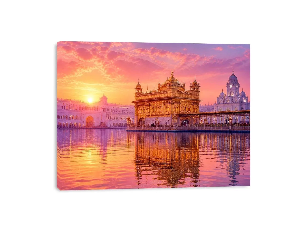Golden Temple sunrise wall art featuring glowing Sikh architecture, reflective water, pastel pink sky, and luxury spiritual landscape photography for elegant interiors