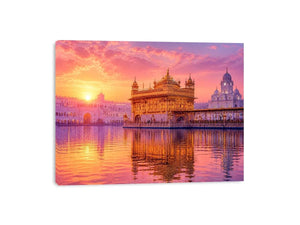 Golden Temple sunrise wall art featuring glowing Sikh architecture, reflective water, pastel pink sky, and luxury spiritual landscape photography for elegant interiors