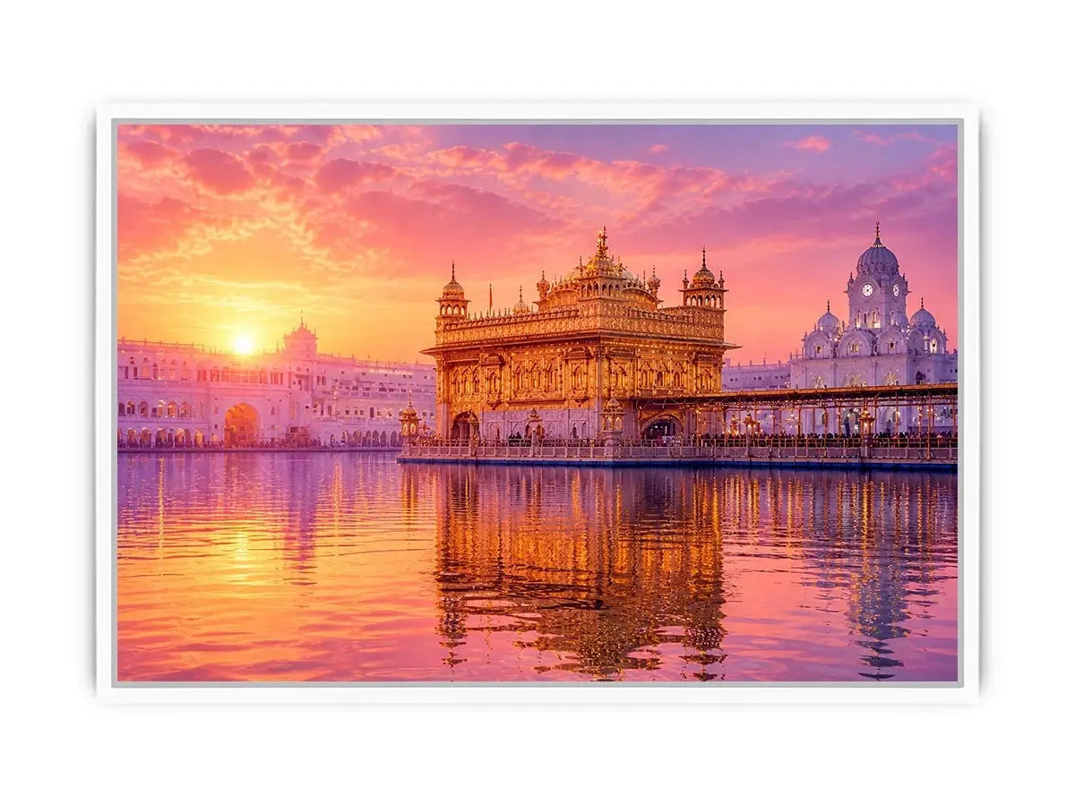 Golden Temple sunrise wall art featuring glowing Sikh architecture, reflective water, pastel pink sky, and luxury spiritual landscape photography for elegant interiors