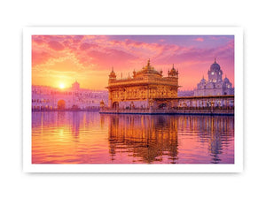 Golden Temple sunrise wall art featuring glowing Sikh architecture, reflective water, pastel pink sky, and luxury spiritual landscape photography for elegant interiors
