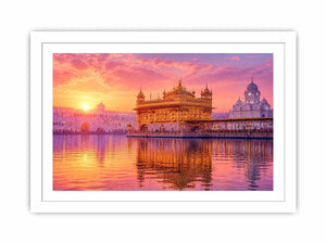 Golden Temple sunrise wall art featuring glowing Sikh architecture, reflective water, pastel pink sky, and luxury spiritual landscape photography for elegant interiors