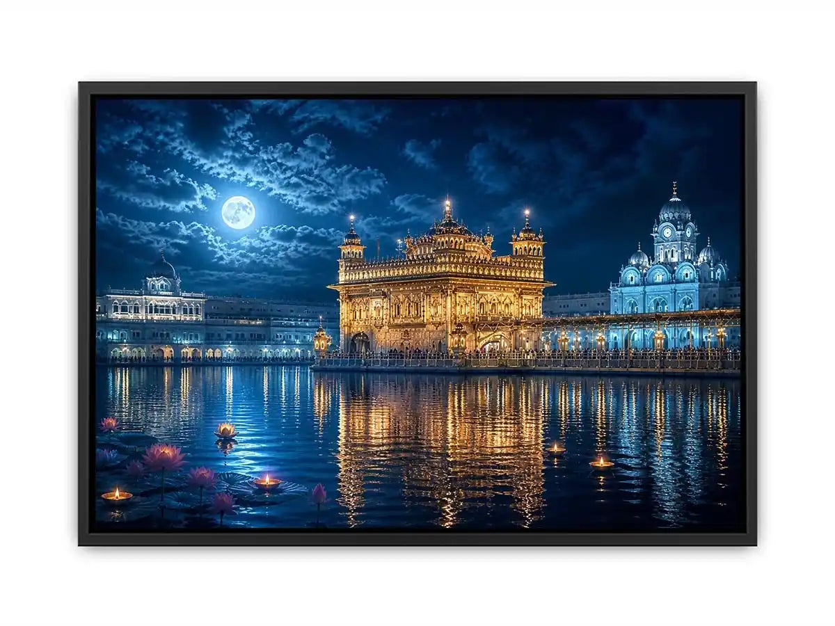 Golden Temple moonlight wall art with illuminated Harmandir Sahib reflection under full moon night sky luxury canvas print