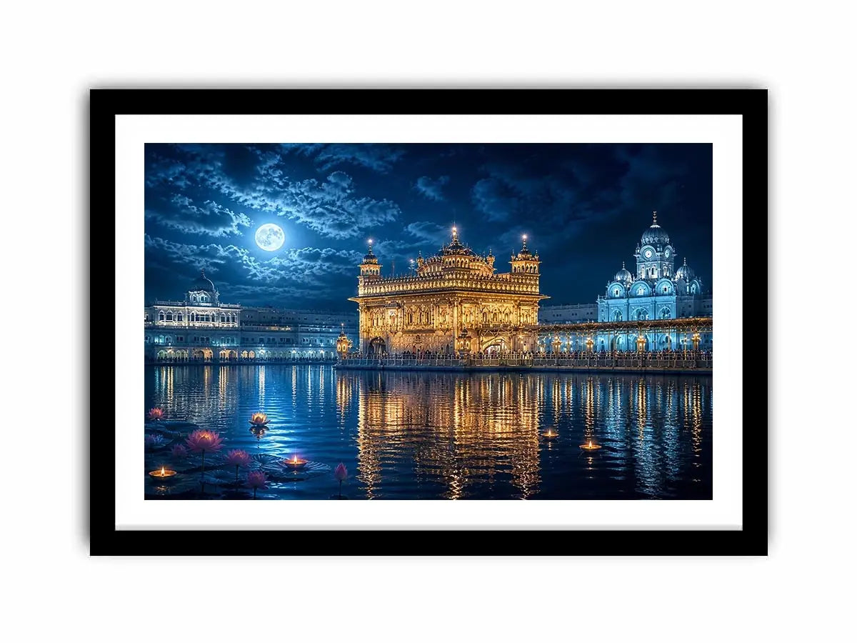 Golden Temple moonlight wall art with illuminated Harmandir Sahib reflection under full moon night sky luxury canvas print