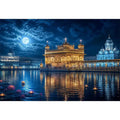 Golden Temple moonlight wall art with illuminated Harmandir Sahib reflection under full moon night sky luxury canvas print
