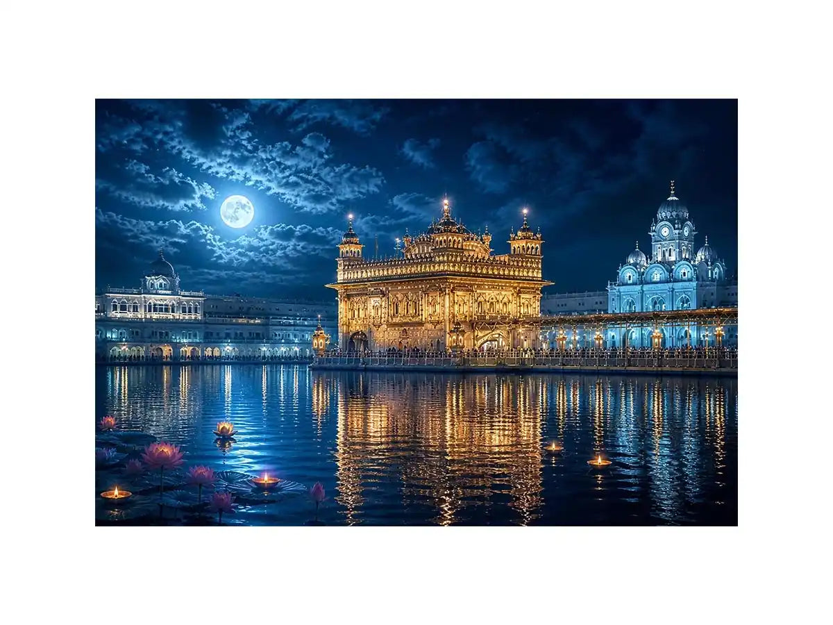 Golden Temple moonlight wall art with illuminated Harmandir Sahib reflection under full moon night sky luxury canvas print