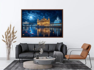 Golden Temple moonlight wall art with illuminated Harmandir Sahib reflection under full moon night sky luxury canvas print