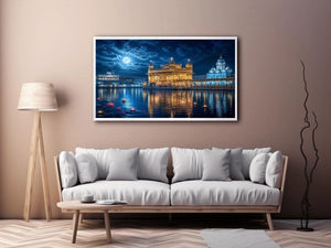 Golden Temple moonlight wall art with illuminated Harmandir Sahib reflection under full moon night sky luxury canvas print