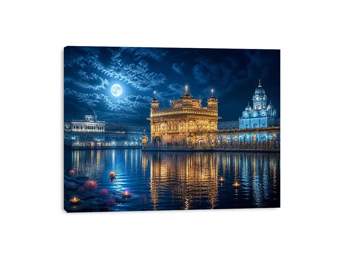 Golden Temple moonlight wall art with illuminated Harmandir Sahib reflection under full moon night sky luxury canvas print
