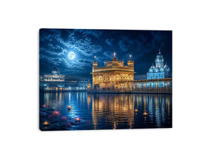 Golden Temple moonlight wall art with illuminated Harmandir Sahib reflection under full moon night sky luxury canvas print