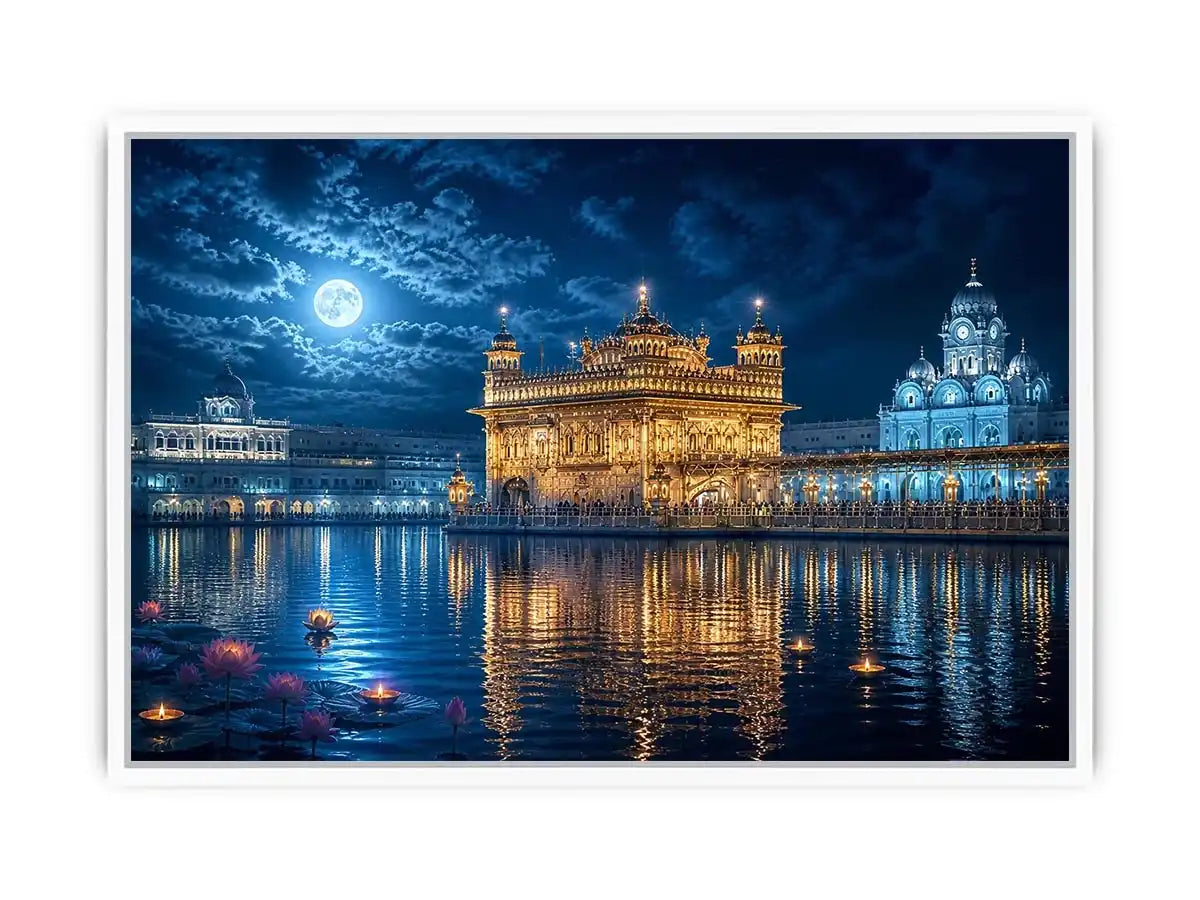 Golden Temple moonlight wall art with illuminated Harmandir Sahib reflection under full moon night sky luxury canvas print