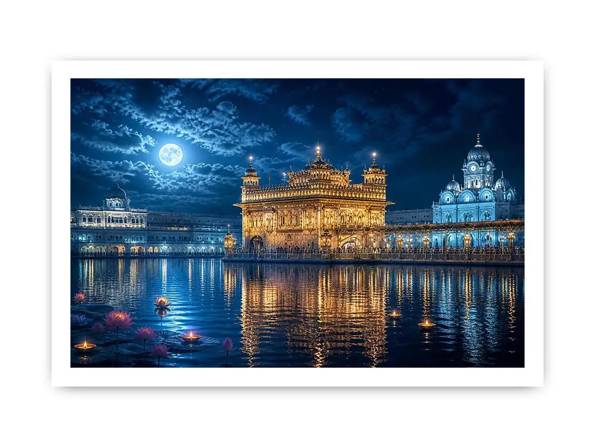Golden Temple moonlight wall art with illuminated Harmandir Sahib reflection under full moon night sky luxury canvas print