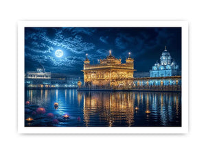 Golden Temple moonlight wall art with illuminated Harmandir Sahib reflection under full moon night sky luxury canvas print