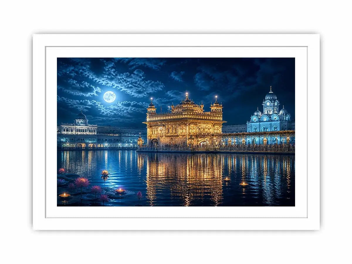 Golden Temple moonlight wall art with illuminated Harmandir Sahib reflection under full moon night sky luxury canvas print
