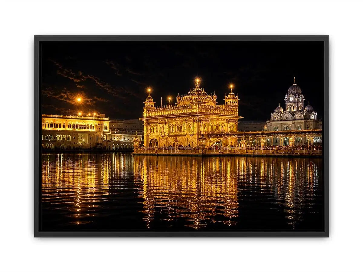 Golden Temple night wall art with glowing Harmandir Sahib reflection in sacred water luxury canvas print