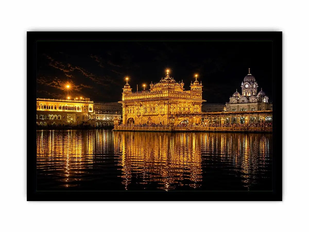 Golden Temple night wall art with glowing Harmandir Sahib reflection in sacred water luxury canvas print