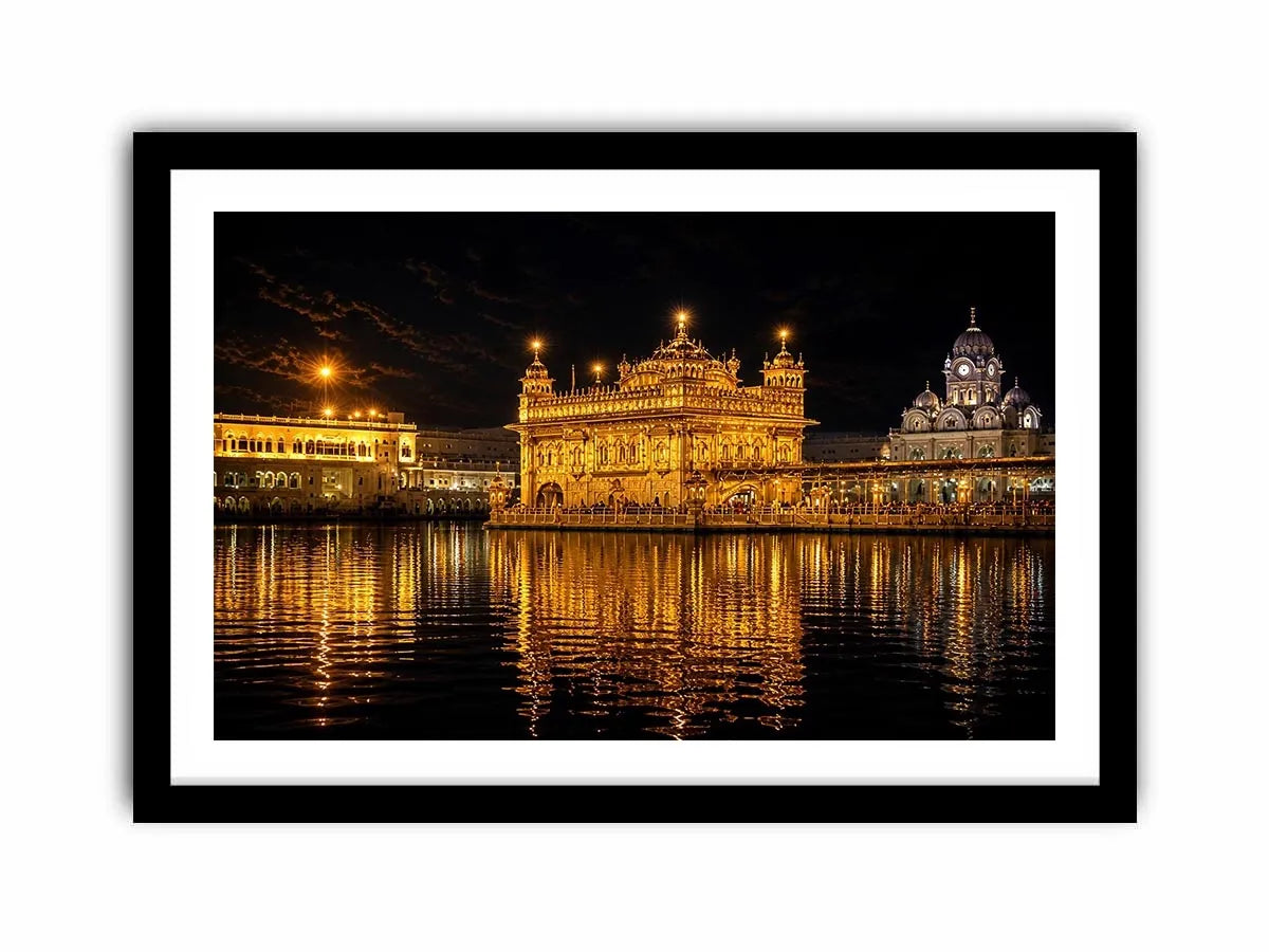Golden Temple night wall art with glowing Harmandir Sahib reflection in sacred water luxury canvas print