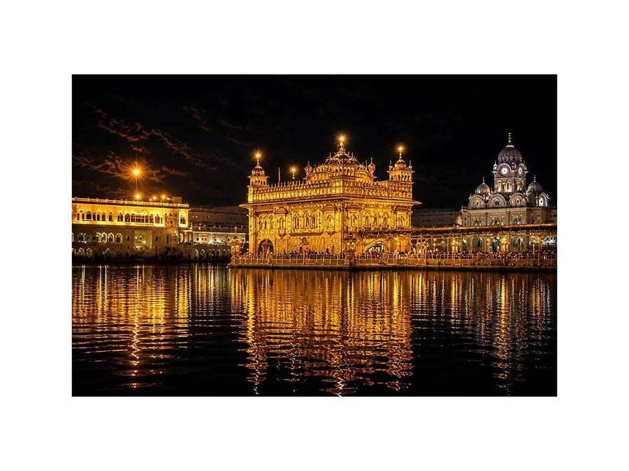 Golden Temple night wall art with glowing Harmandir Sahib reflection in sacred water luxury canvas print