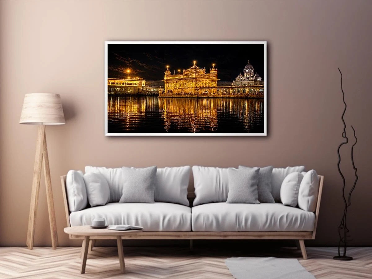 Golden Temple night wall art with glowing Harmandir Sahib reflection in sacred water luxury canvas print