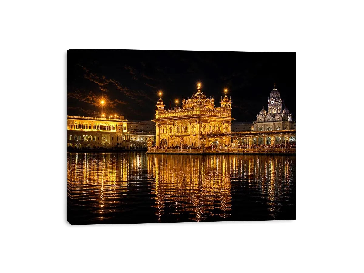 Golden Temple night wall art with glowing Harmandir Sahib reflection in sacred water luxury canvas print