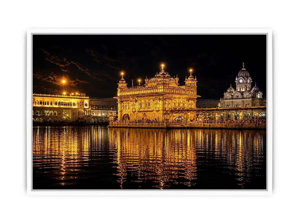 Golden Temple night wall art with glowing Harmandir Sahib reflection in sacred water luxury canvas print