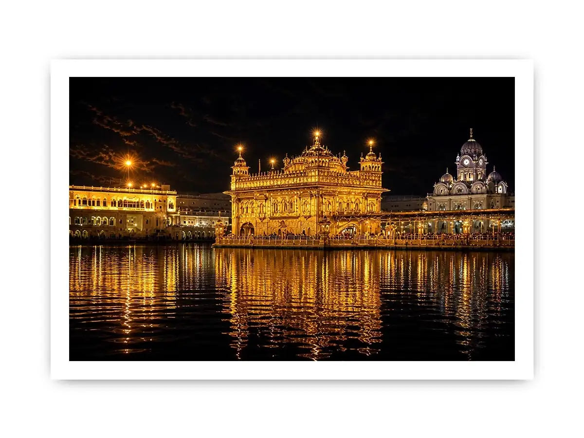 Golden Temple night wall art with glowing Harmandir Sahib reflection in sacred water luxury canvas print