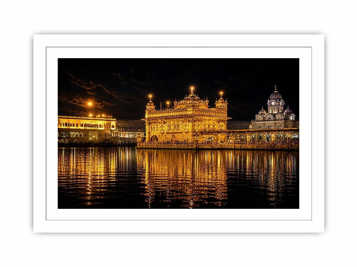 Golden Temple night wall art with glowing Harmandir Sahib reflection in sacred water luxury canvas print
