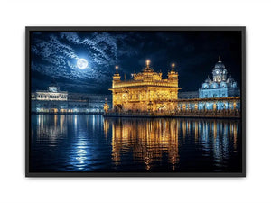Moonlit Golden Temple wall art with glowing Harmandir Sahib reflections under full moon luxury canvas print