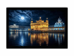 Moonlit Golden Temple wall art with glowing Harmandir Sahib reflections under full moon luxury canvas print
