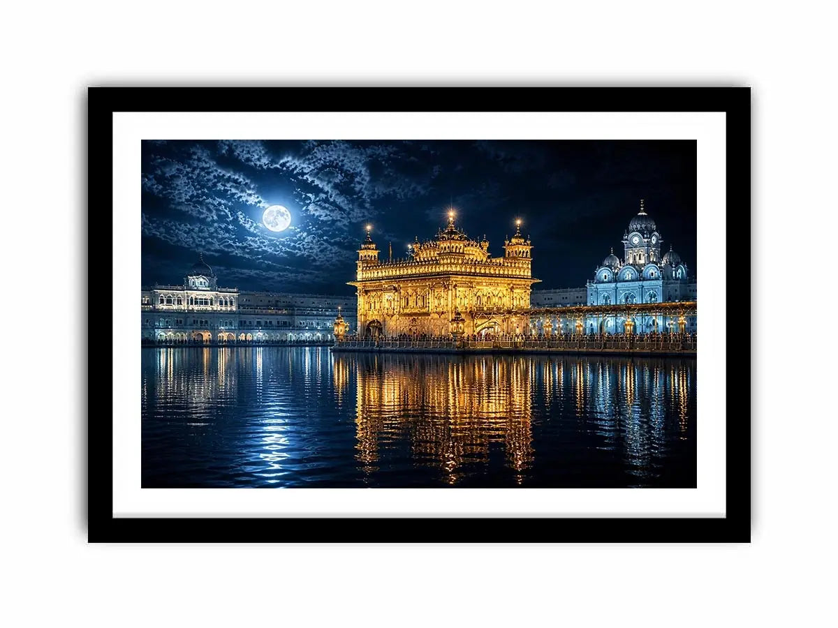 Moonlit Golden Temple wall art with glowing Harmandir Sahib reflections under full moon luxury canvas print