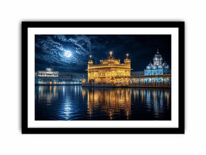 Moonlit Golden Temple wall art with glowing Harmandir Sahib reflections under full moon luxury canvas print
