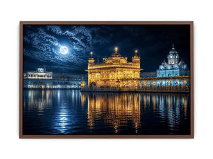 Moonlit Golden Temple wall art with glowing Harmandir Sahib reflections under full moon luxury canvas print