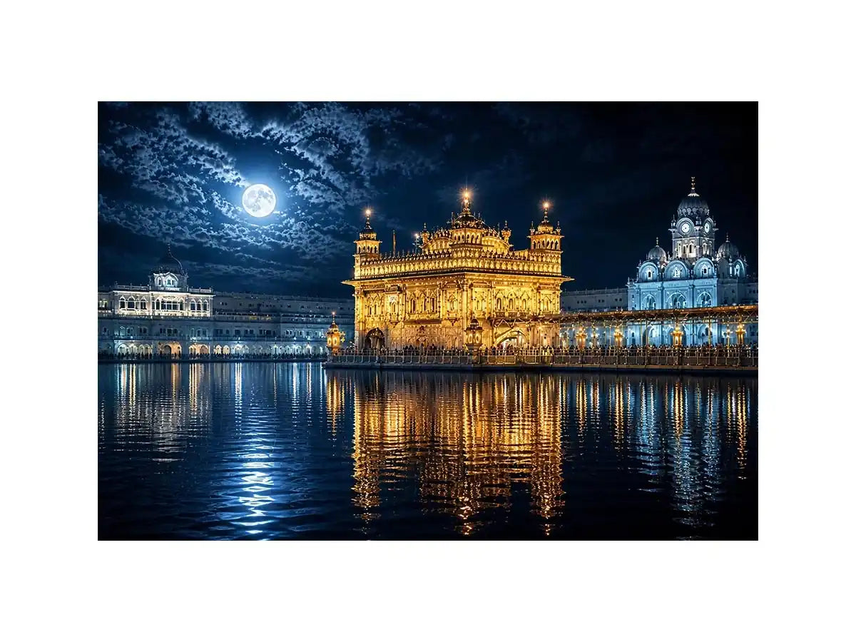 Moonlit Golden Temple wall art with glowing Harmandir Sahib reflections under full moon luxury canvas print
