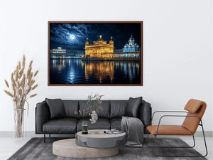 Moonlit Golden Temple wall art with glowing Harmandir Sahib reflections under full moon luxury canvas print