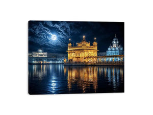 Moonlit Golden Temple wall art with glowing Harmandir Sahib reflections under full moon luxury canvas print