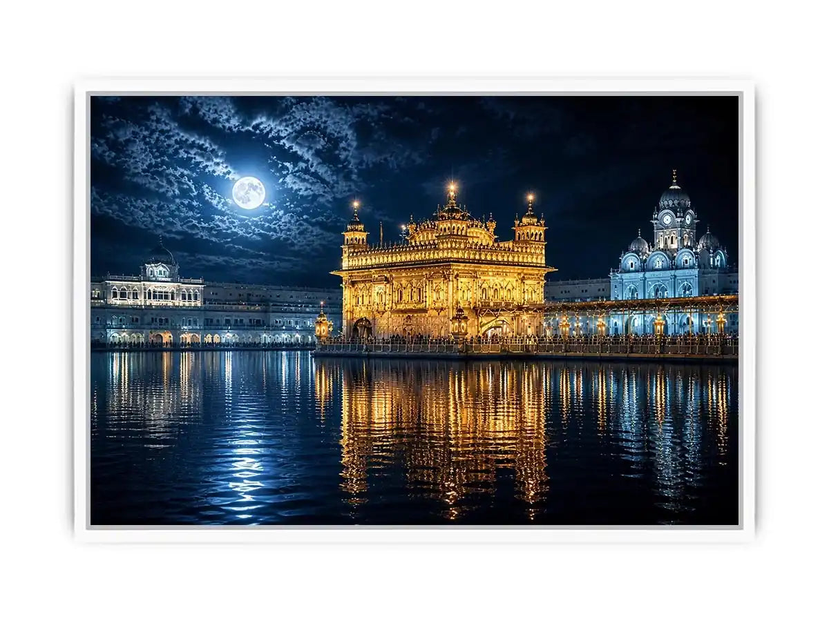 Moonlit Golden Temple wall art with glowing Harmandir Sahib reflections under full moon luxury canvas print